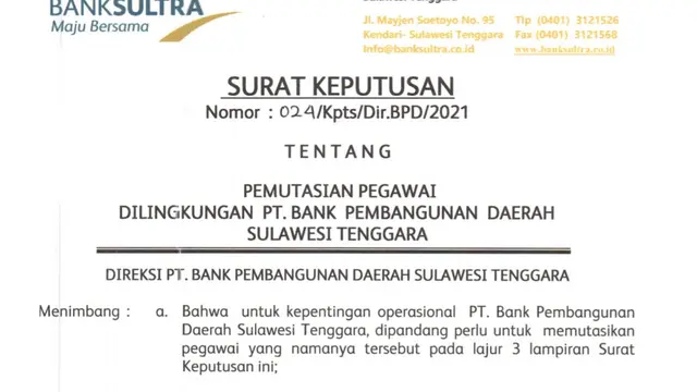 SK Mutasi kepala operasional Bank Sultra Cabang Konkep pada April 2021, usai kosong selama 3 tahun.(Liputan6.com/Ahmad Akbar Fua)