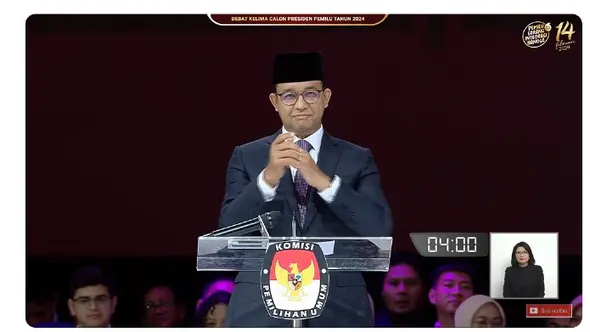 <p>Calon Presiden (Capres) nomor urut 01 Anies Baswedan&nbsp;saat membacakan visi misi di debat Pilpres 2024 terakhir yang digelar Minggu (4/2/2024) di Jakarta Convention Center (JCC), Senayan, Jakarta Pusat. (Tangkapan Layar YouTube KPU RI)</p>