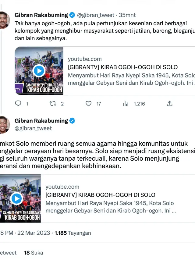 Cuitan Gibran Rakabuming soal Hari Raya Nyepi. (Foto: Dok. Twitter @gibran_tweet)