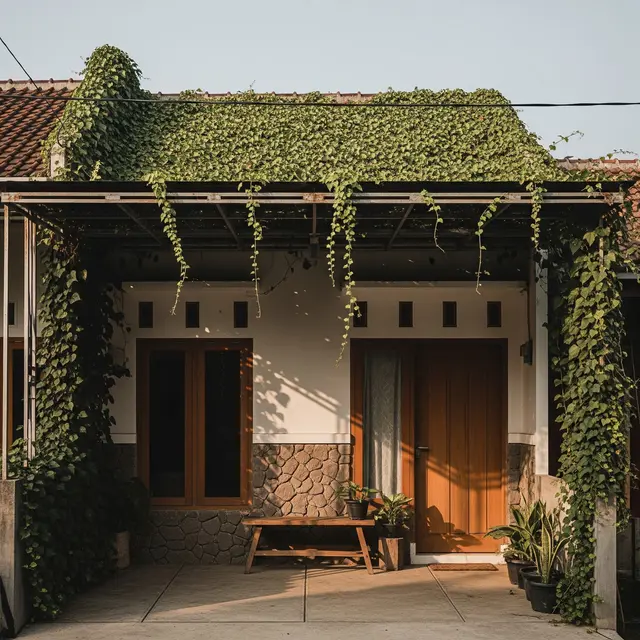 6 Desain Teras Rustic dengan Pot Tanaman Rambat yang Menjalar ke Atap, Kesejukan Alami