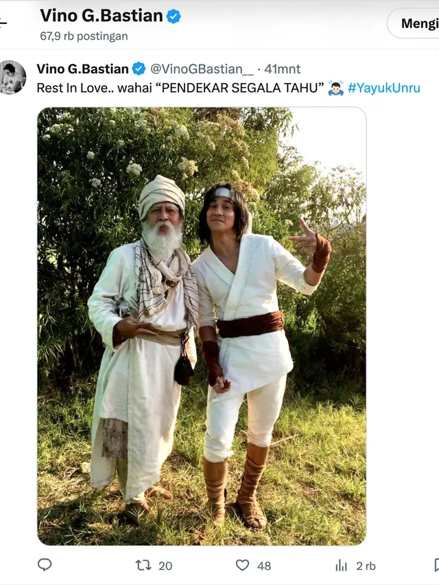 Cuitan Vino G. Bastian soal Yayu Unru meninggal dunia. (Foto: Dok. Twitter @@VinoGBastian__)