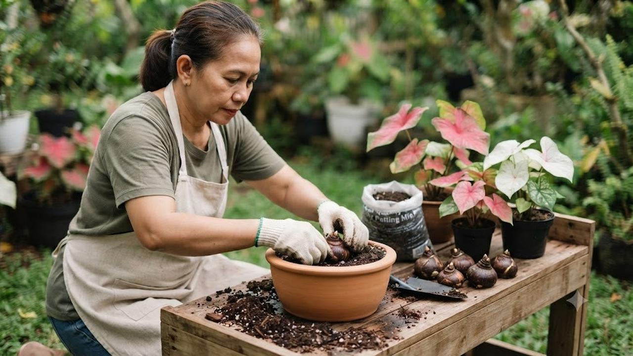 Pilih Umbi Caladium yang Sehat (AI Generated)