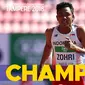 Atlet Indonesia, Lalu Muhammad Zohri, merengkuh medali emas pada Kejuaraan Dunia U-20 nomor lari 100 meter di Finlandia, Rabu (11/7/2018). (Twitter/IFFA)