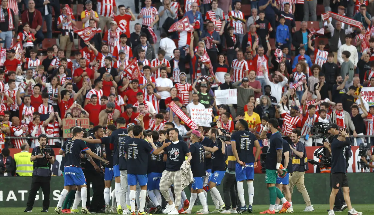 Lolos ke Liga Champions memang menjadi pencapaian besar bagi Girona.  Baru kali ini mereka tampil di ajang antar klub paling elit Eropa.  (Foto AP/Joan Monfort)
