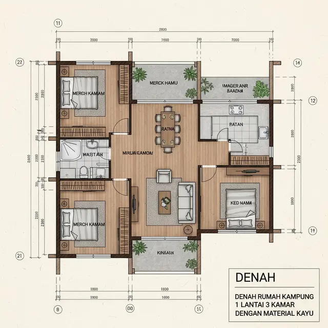 Denah Rumah Kampung 1 Lantai 3 Kamar (Image by Gemini AI)