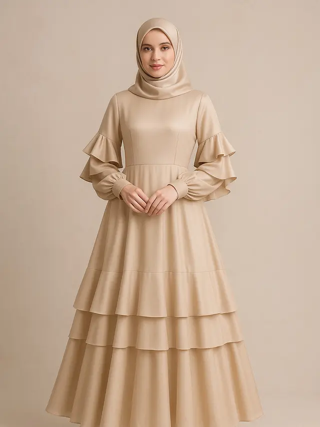 Model Gamis Syari A-Line Ruffle Lengan Soft Trend 2025