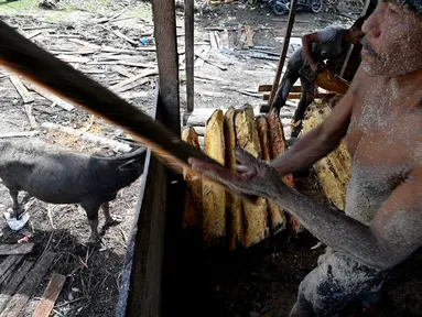 Pekerja mengolah bahan dari pohon sagu di sebuah desa di Labuhan Haji, provinsi Aceh selatan (26/10/2021). Pohon Sagu, atau Rumbia, banyak tumbuh di berbagai wilayah di Indonesia. (AFP/Chaideer Mahyuddin)