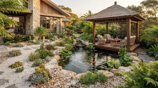 Desain Sudut Rumah yang Menggabungkan Kolam Ikan, Taman, dan Gazebo Kecil