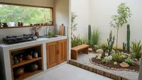8 Desain Dapur Mini dengan Taman Kering di Sudut Belakang Rumah