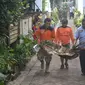 Petugas mengevakuasi puing Super Tucano yang jatuh di Jalan Laksda Adi Suipto Kota Malang pada 10 Februari 2016