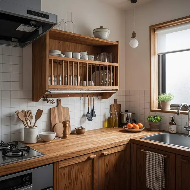 Desain Dapur Rumah Mungil Tema Earth Tone Hemat Ruang