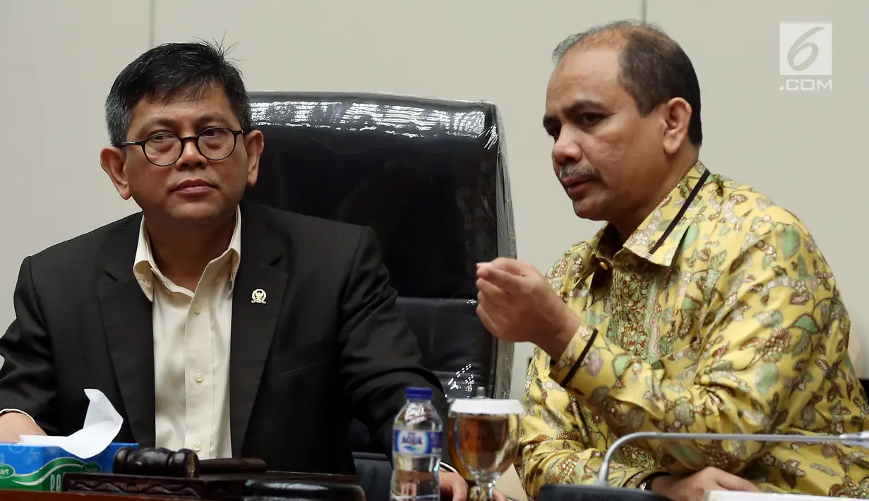 Wakil Ketua Pansus Taufiqulhadi dan Dossy Iskandar saat memimpin Rapat dengan Pakar Hukum Pidana Romli Atmasasmita di Kompleks Parlemen, Senayan, Jakarta (11/7). (Liputan6.com/Johan Tallo)