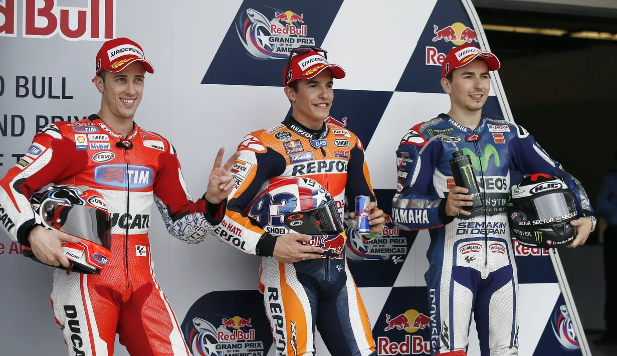 Andrea Davizioso, Marc Marquez, dan Jorge Lorenzo merupakan tiga pebalap yang bakal start terdepan di Circuit of The Americas (COTA), Minggu (12/4/2015). (AP Photo/Tony Gutierrez) 