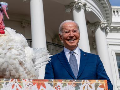 Presiden Amerika Serikat (AS) Joe Biden berdiri di samping Liberty, salah satu dari dua kalkun Thanksgiving nasional, setelah memberikan pengampunan kepada mereka dalam upacara di Halaman Selatan Gedung Putih, Washington, AS, Senin (20/11/2023). (AP Photo/Andrew Harnik)