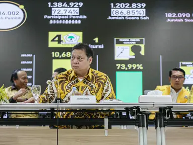 Ketua Umum (Ketum) Partai Golkar, Airlangga Hartarto memimpin rapat pengarahan calon kepala daerah di Slipi, Jakarta Barat, Selasa (21/11/2023). (Liputan6.com/Faizal Fanani)