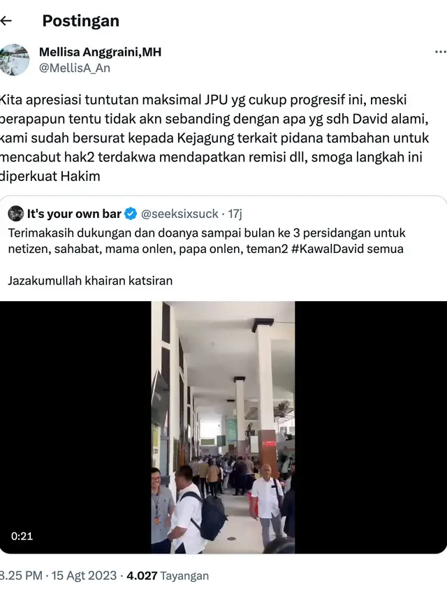 Pernyataan sikap pengacara David Ozora, Mellisa Anggraini. (Foto: Dok. Twitter @@MellisA_An)