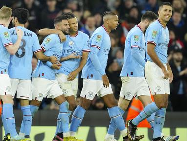 Manchester City sukses mengandaskan Liverpool dalam partai putaran keempat Carabao Cup 2022/2023 yang digelar di Etihad Stadium, Jumat (23/12/2022). (AP Photo/Jon Super)