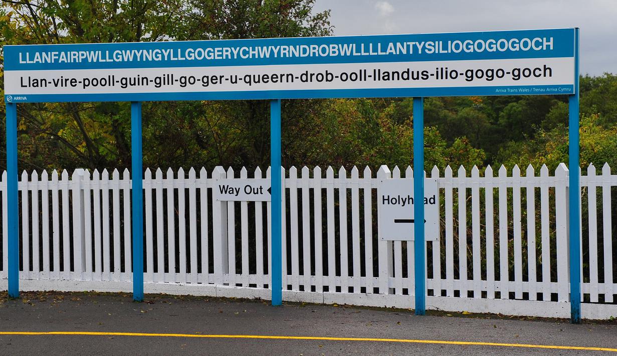 LIanfairpwllgwyngyllgogerychwyrndrobwIIIIantysiliogogogoch Wales. Kota ini lumayan sulit untuk disebut, dihafal, diketik dan sebagainya ini berada di pulau Anglesey. Nama kota terpanjang yang masuk di Guiness Book of Record. (en.wikipedia.org)