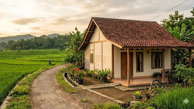 Contoh Rumah Sederhana di Desa Dekat Persawahan dan Jalan Desa