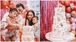 Selain momen tiup lilin, momen memotong kue adalah momen yang juga dinantikan. Rizky Alatas membantu putri kecilnya itu memotong kue ulang tahunnya. Seakan mengerti, Aleena sangat fokus ketika memotong kue. Unik dan lucu, kue ulang tahun ini terlihat seperti ditempeli stiker beragam. Jepretannya apik, foto candid keluarga Rizky Alatas dan Adzana ini sangat hangat. (Liputan6.com/IG/@adzanabs)