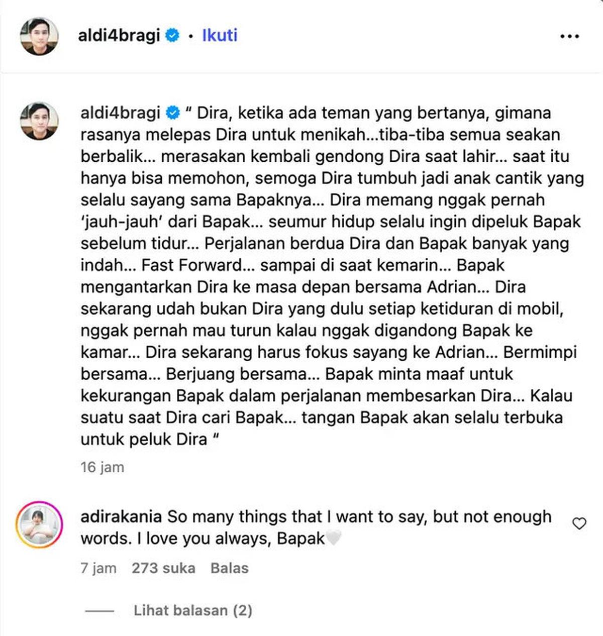 Surat Terbuka Aldi Bragi Setelah Putrinya Menikah: Tangan Bapak Selalu Terbuka untuk Peluk Dira