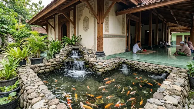 Kolam Ikan dengan Air Mengalir di Teras Masjid (Foto: Gemini AI)
