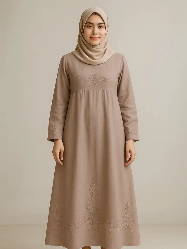 Model Gamis Syari Bahan Linen Longgar Trend 2025/Ilustrasi AI