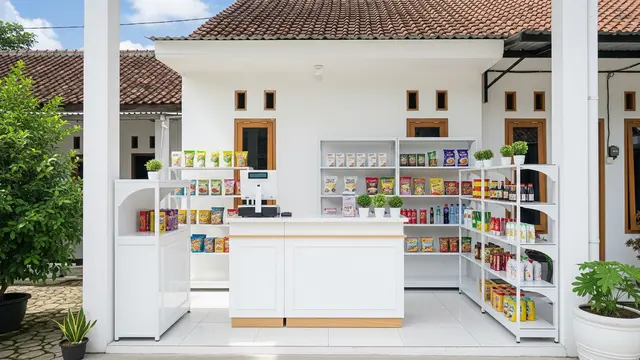 Desain Warung Sembako di Teras Rumah Model dengan Dominasi Warna Putih