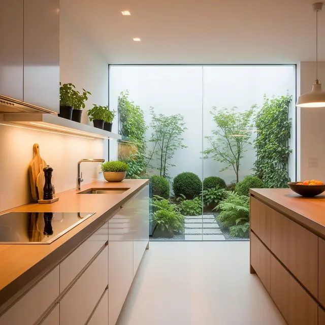 Model Dapur Kecil dengan Tanaman Hijau di Belakang dan Sekat Minimalis