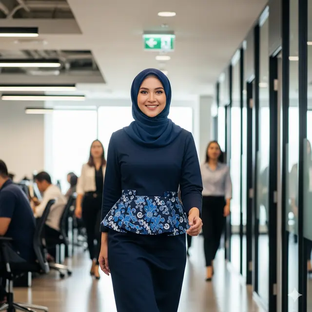 Model Dress Panjang Kerja Formal Kombinasi Batik Muslim