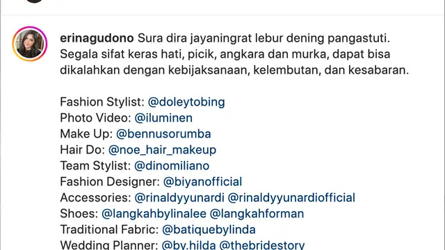 Unggahan Erina Gudono. (Foto: Iluminen dari Instagram @erinagudono)