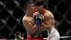 Petarung Indonesia Bilal Hasan (kanan) saat melawan petarung  dari Peru Nilson Rojas dalam pertandingan kelas terbang putra pada ajang UFC Fight Night di Oriental Sports Center, Shanghai, Sabtu, 29 Agustus 2026. (AFP/ Jade Gao)