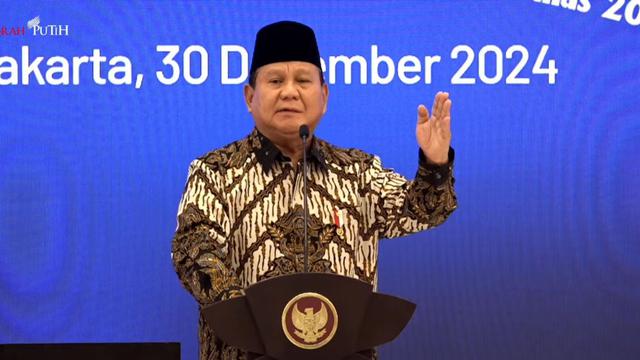 Presiden Prabowo Subianto dalam Musyawarah Rencana Pembangunan Nasional (Musrenbangnas) 2025-2029 di Gedung Bapennas, Menteng, Jakarta Pusat, Senin (30/12/2024).