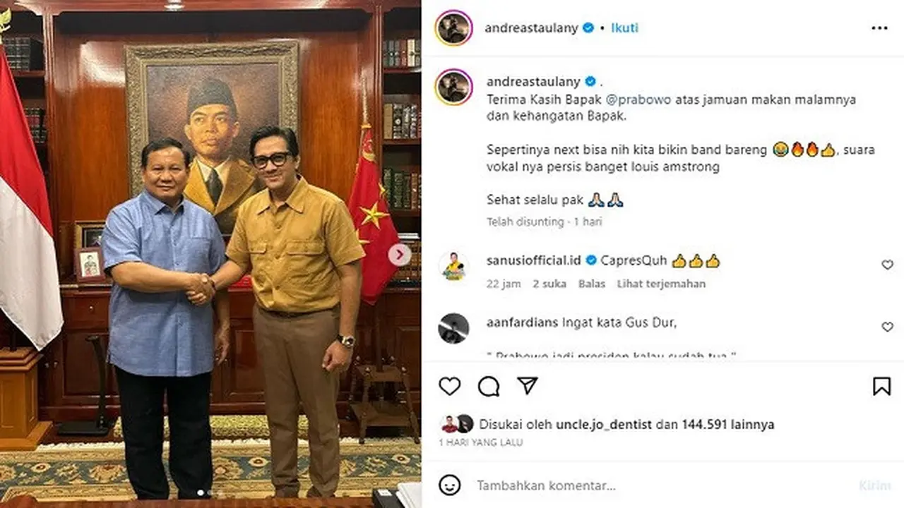 Andre Taulany memamerkan foto bersama bakal calon presiden Prabowo Subianto (sumber: Instagram @andreastaulany)