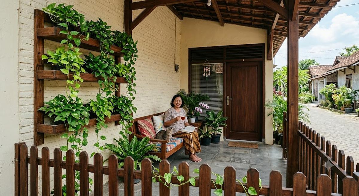 Ide Teras Rumah dengan Sirih Gading dan Pagar Kayu yang Desainnya Estetik Penggugah Kenyamanan Model dengan Rak Kayu dan Sirih Gading