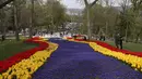 Orang-orang mengunjungi ladang tulip yang mekar di Taman Emirgan di Istanbul sehari sebelum "penguncian penuh" atau lockdown, Rabu (28/4/2021). Turki akan memberlakukan lockdown penuh selama tiga minggu dari 29 April hingga 17 Mei 2021 untuk membendung penyebaran virus corona. (AP Photo/Emrah Gurel)