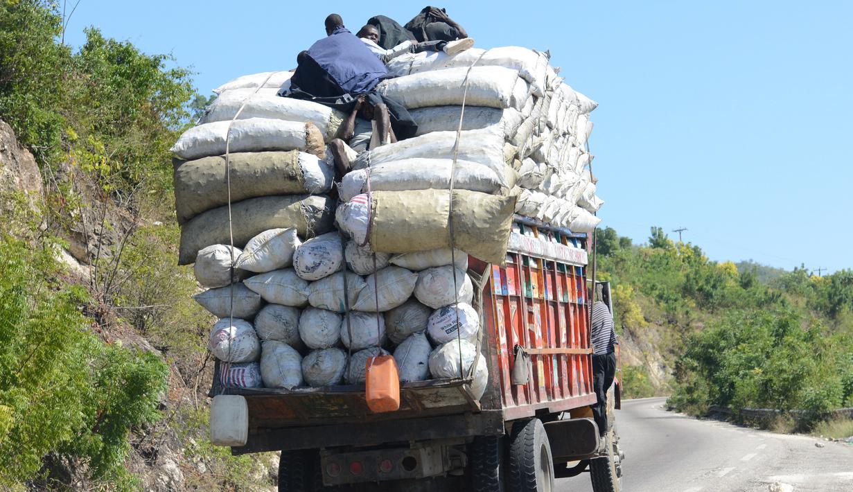 Sebuah Truk membawa karung berisi arang yang melebihi kapasitas di Port-au-Prince, Haiti, (25/1). Menteri Lingkungan Hidup Haiti akan membuat peraturan jaringan "hutan energi" yang menghasilkan kayu untuk arang dan kayu bakar. (AP/David McFadden)