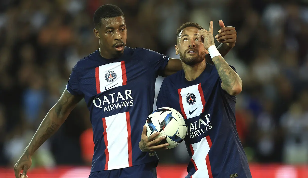 Gol tersebut merupakan gol keenam Neymar di Ligue 1 musim 2022/2023 yang baru memasuki pekan ke-4. (AP/Aurelien Morissard)