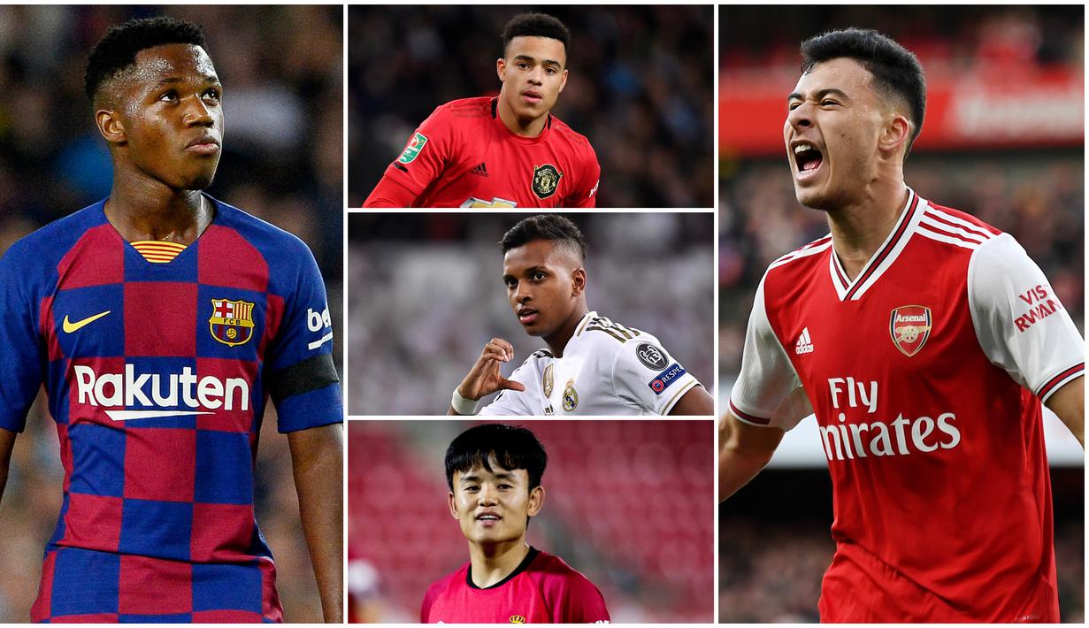 Berikut ini barisan talenta muda yang akan meramaikan Piala Dunia U-20 2021. Diantaranya adalah Mason Greenwood, ANsu Fati dan Takefusa Kubo. (Kolase Foto AFP)