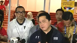 Ketua umum PSSI Erick Thohir usai laga semifinal Piala AFF U-23 2025