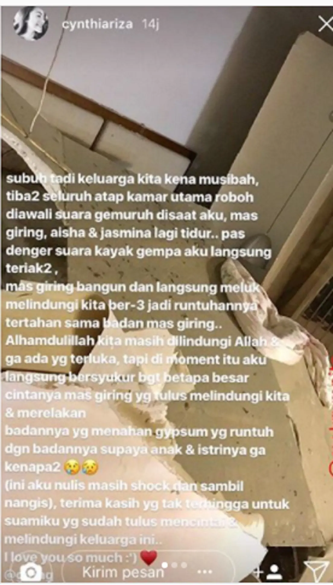 Cynthia Riza ceritakan kronologi atap rumahnya yang runtuh. (Instagram/cynthiariza)