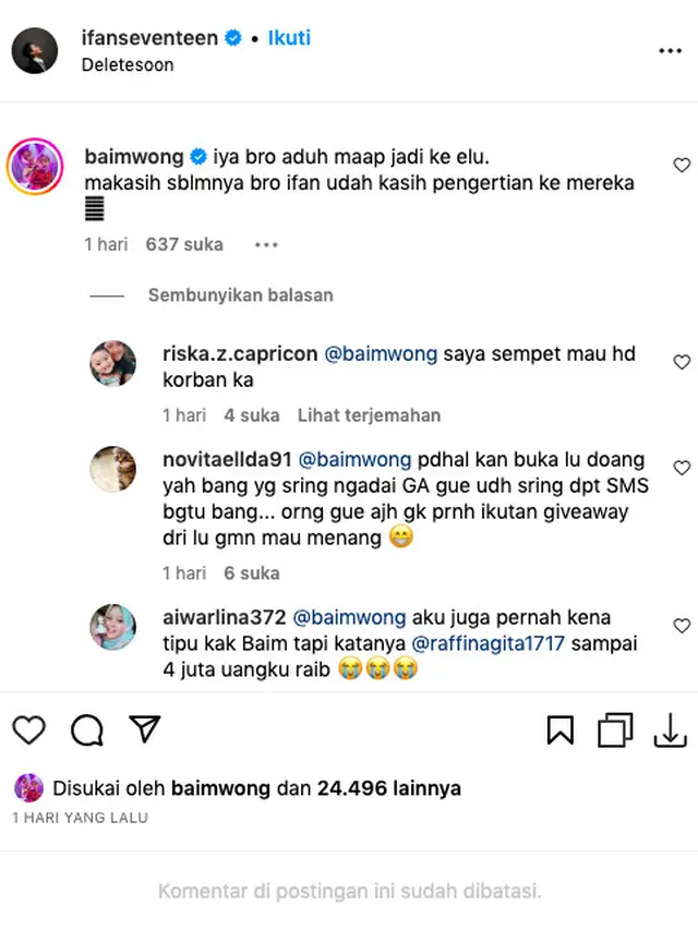 Baim Wong Minta Maaf kepada Ifan Seventeen yang Keluarganya Hampir Jadi Korban Penipuan Give Away
