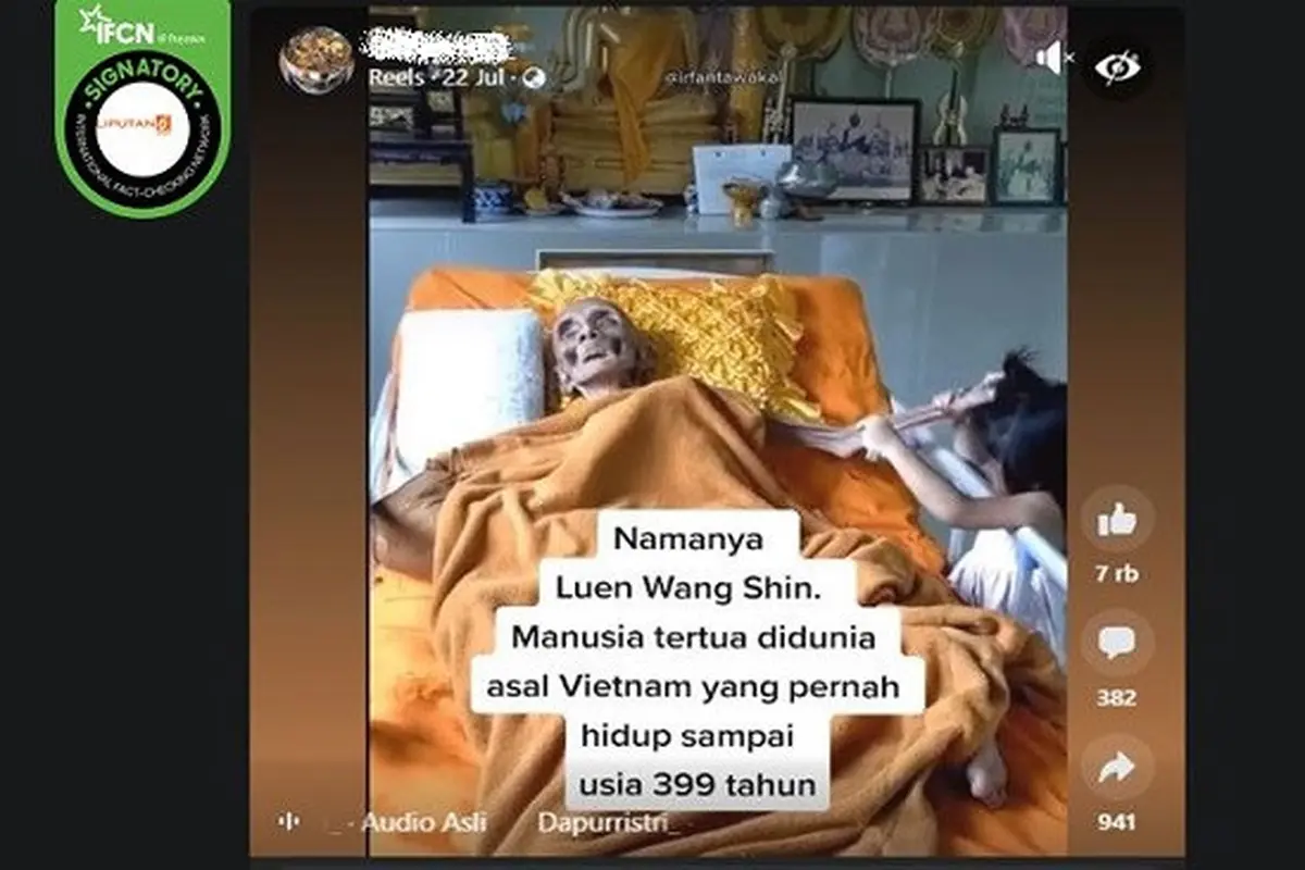 Gambar Tangkapan Layar Video yang Diklaim Manusia Tertua di Dunia Bernama Luen Wang Shin Asal Vietnam (sumber: Facebook).