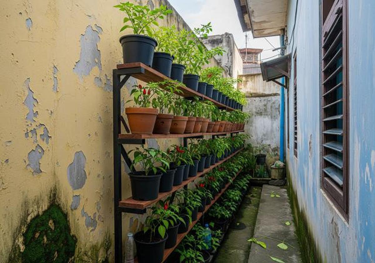 Kebun Cabai Vertikal dari Rak Bertingkat/Ide Kebun Cabai Mini di Rumah Tanpa Halaman (Sumber: gemini.com)
