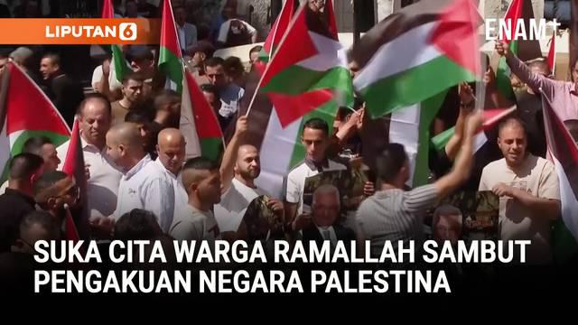 Warga Palestina di Ramallah menyambut pengakuan negara Palestina oleh beberapa negara, termasuk Inggris, Kanada, Australia, dan Prancis.