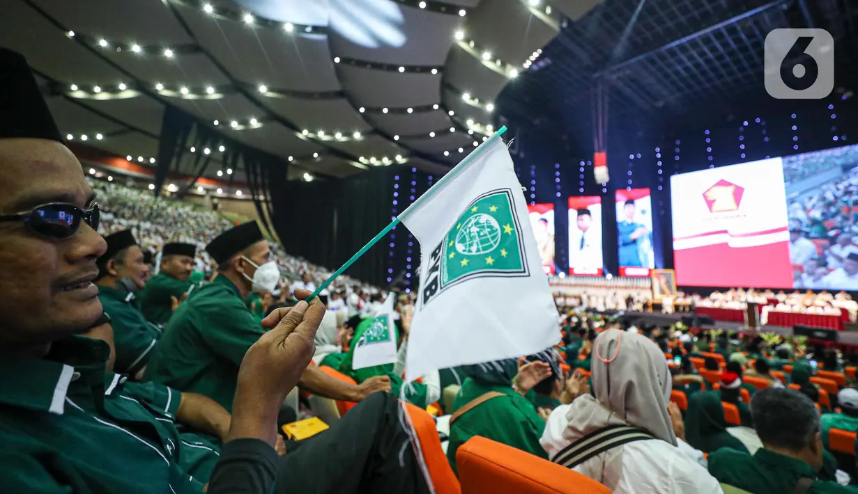 Suasana deklarasi koalisi antara Partai Gerindra dan Partai Kebangkitan Bangsa (PKB) dalam Rapimnas Gerindra di SICC, Sentul, Kabupaten Bogor, Jawa Barat, Sabtu (13/8/2022). Partai Gerindra dan PKB secara resmi menyatakan berkoalisi untuk pemilu 2024. (Liputan6.com/Faizal Fanani)