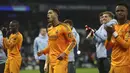 Pemain Real Madrid, Jude Bellingham merayakan kemenangan timnya atas Manchester City dalam laga leg 1 babak playoff Liga Champions 2024/2025 di Etihad Stadium, Manchester, Inggris, Rabu (12/02/2025) WIB. (AP Photo/Darren Staples)