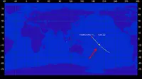 Prakiraan lintasan terakhir Tiangong-1 pada 2 April 2018 mulai pukul 07:05 hingga 07:20 WIB. Tanda panah menunjukkan prakiraan lokasi benda saat ketinggiannya 10 km dari permukaan Bumi. (Space-track/LAPAN)