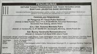 Iklan pemanggilan Hutomo Mendala Putra (Tommy Soeharto) oleh Satuan Tugas Penanganan Hak Tagih Negara Dana Bantun Likuiditas Bank Indonesia (BLBI).