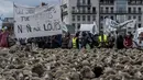 Peternak bersama ratusan domba saat unjuk rasa menentang kebijakan 'Plan Loup' di Kota Lyon, Prancis, (9/10). Aksi peternak tersebut untuk menentang program perlindungan serigala. (AFP Photo/Jean-Philippe Ksiazek)